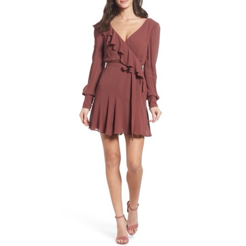 Bardot Rosie Ruffle Faux Wrap Long Sleeve Mini Dress